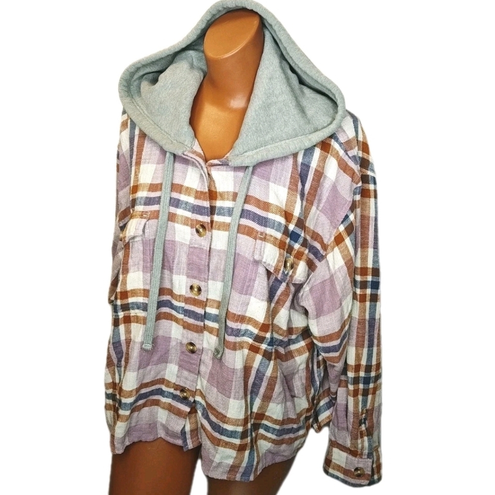 Lucky Brand Hooded Flannel Shacket Woman Sz XL Purple Plaid Cropped Shirt Jacket - Picture 4 of 12